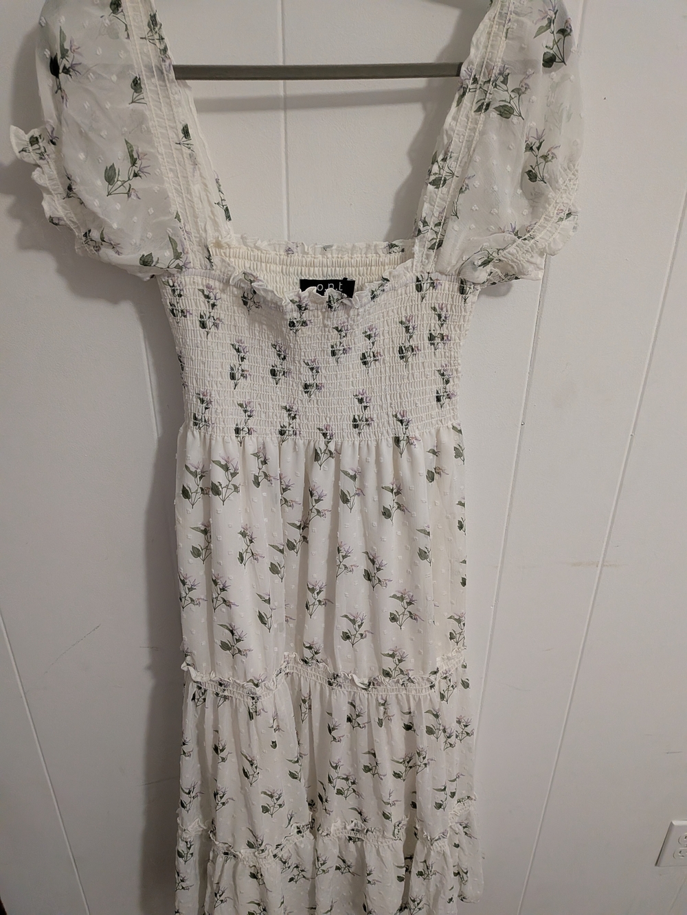 Floral Puff-Sleeve Smocked Midi Dress - White/Green
